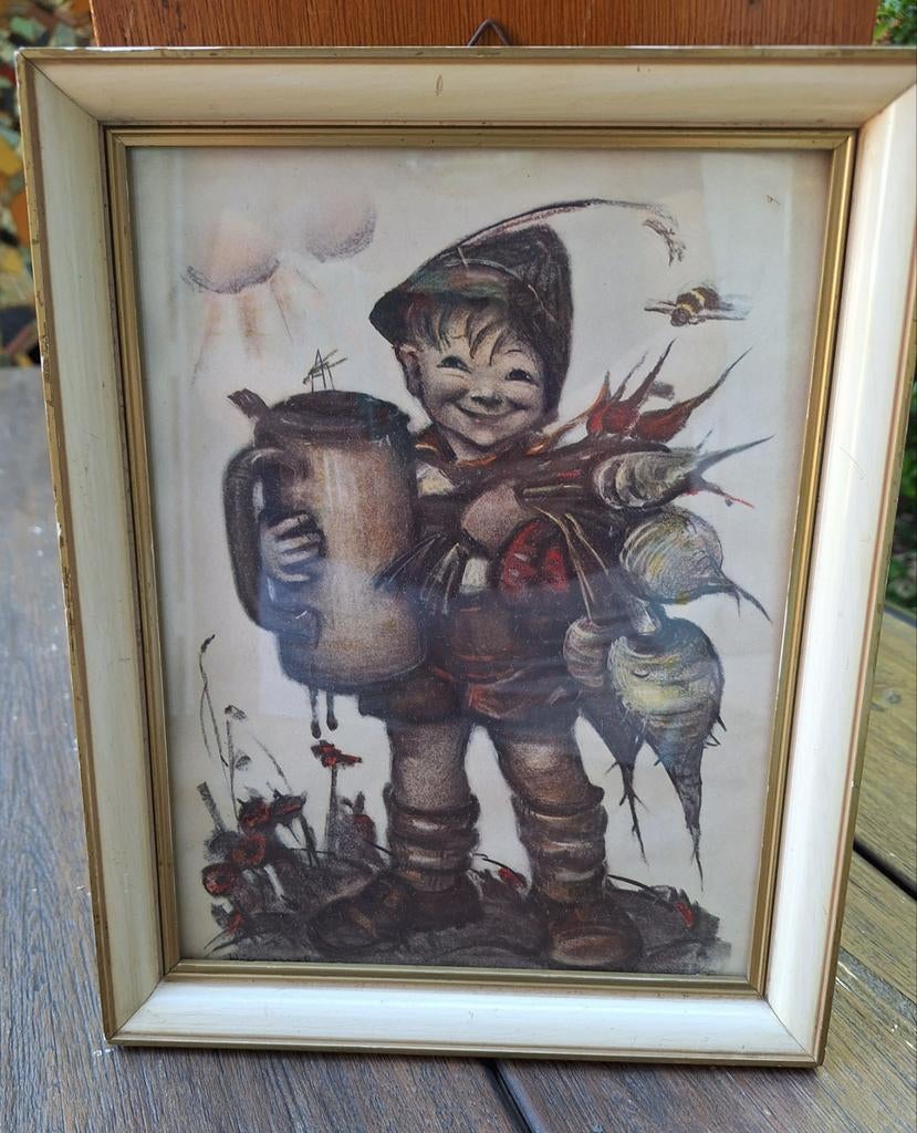 Vintage Hummel print in lijst - Jongen met wortels, Antiek en Kunst, Ophalen of Verzenden
