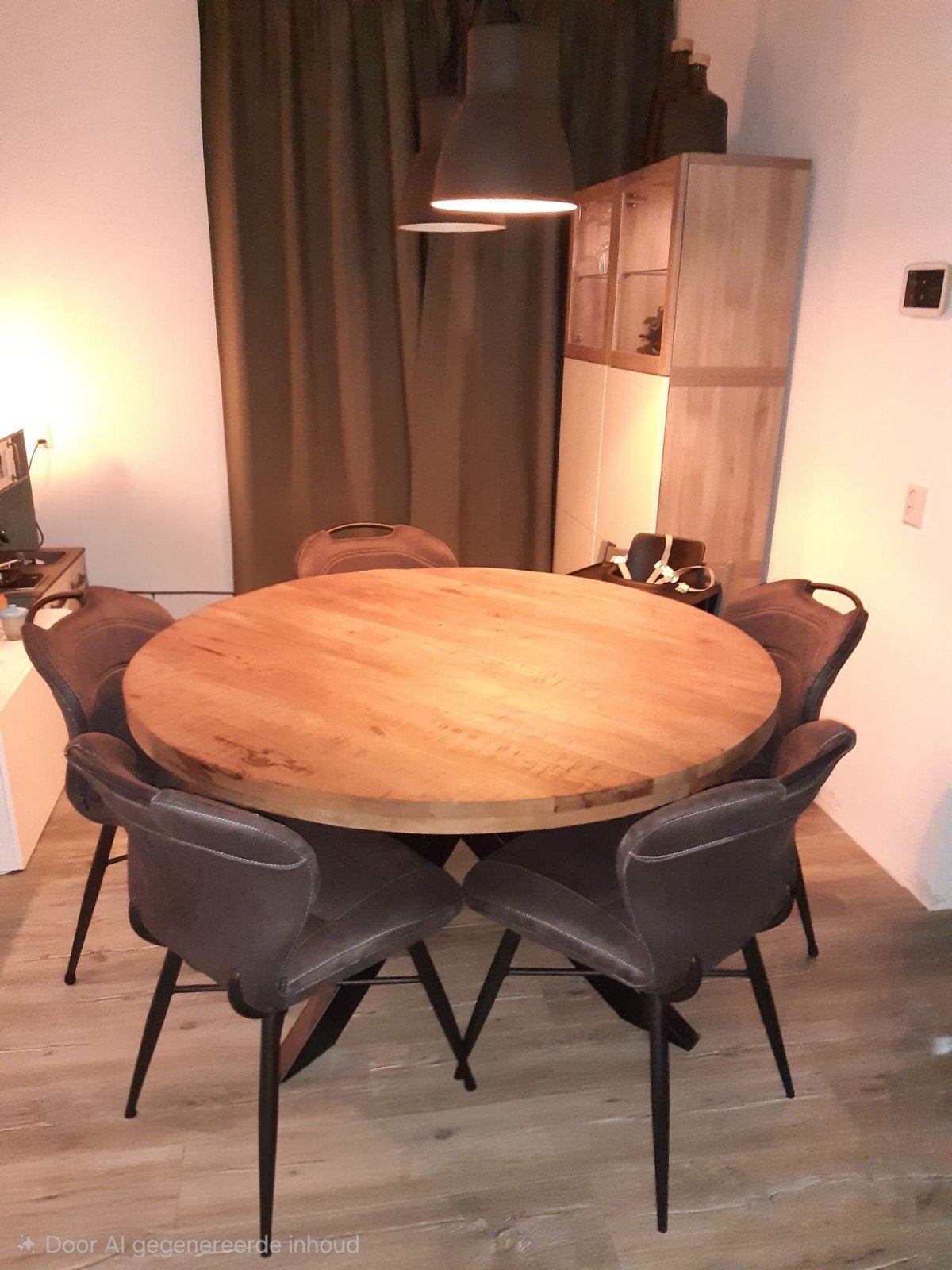 Ronde eettafel 140cm - massief mangohout en metaal, Gebruikt, Rond, Vijf personen of meer, Modern industrieel
