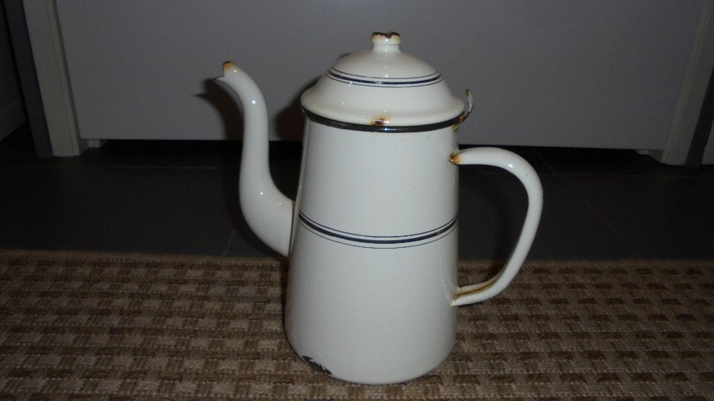 creme emaille koffiekan met bies H23cm, Ophalen of Verzenden