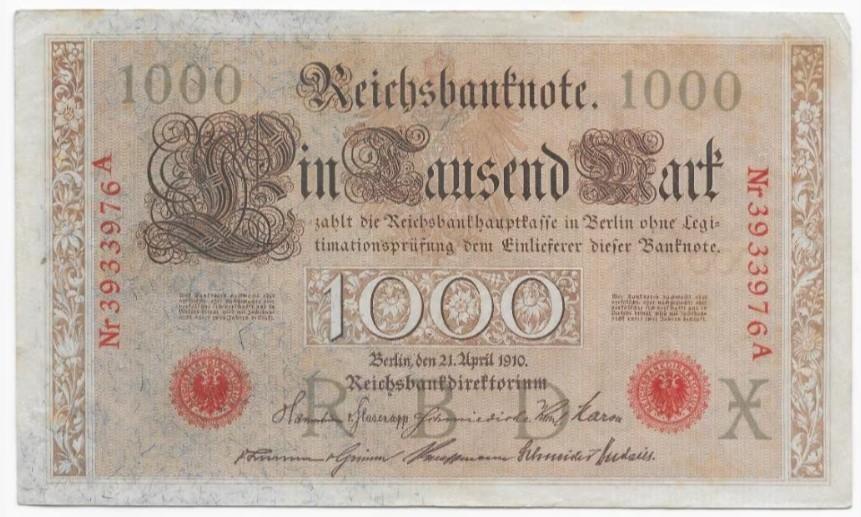 1000 Mark 1910 Reichsbanknote; two red seals  76A, Verzenden, Duitsland, Los biljet