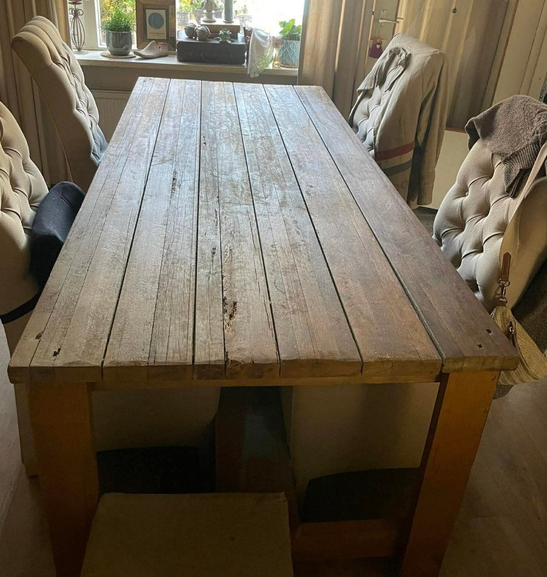 Robuuste Landelijke Eettafel - Massief Hout, Ophalen, Gebruikt, 200 cm of meer, 50 tot 100 cm