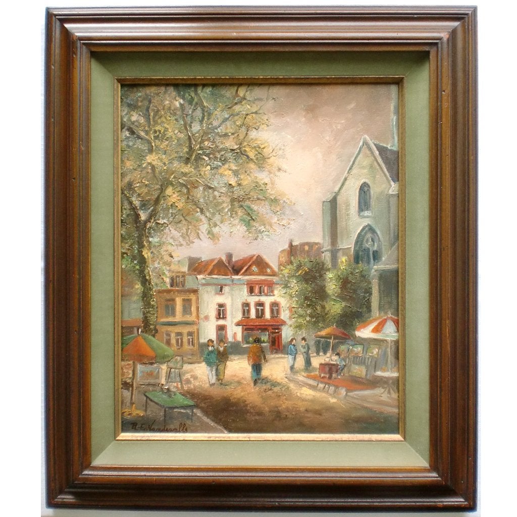 Kunstmarkt op Kerkplein, 1970's - olieverf schilderij, 50x40, Doek, Ophalen of Verzenden, Olieverf, Stads- / dorpsgezicht