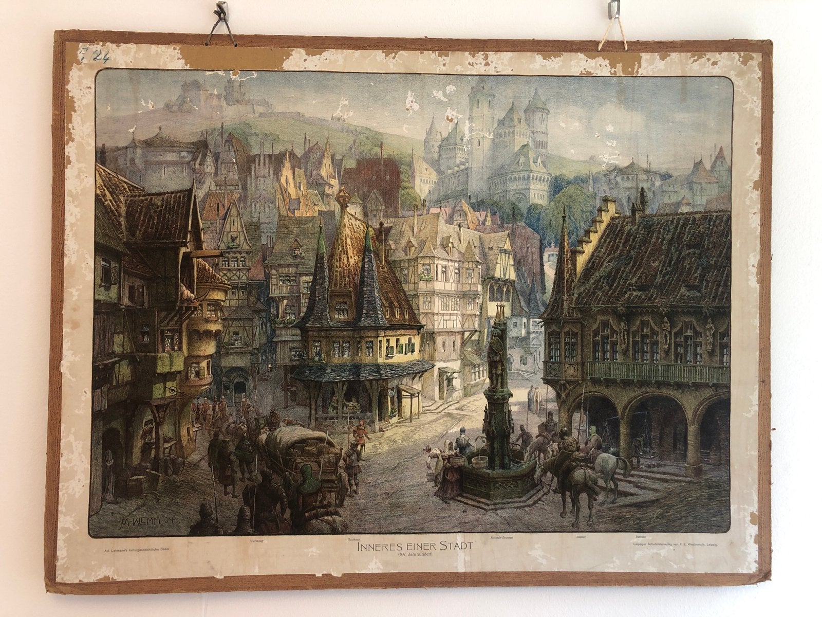 Antieke schoolplaat 'Inneres einer Stadt' (XV. Jahrhundert), Ophalen of Verzenden, Stad- en Dorpsgezichten