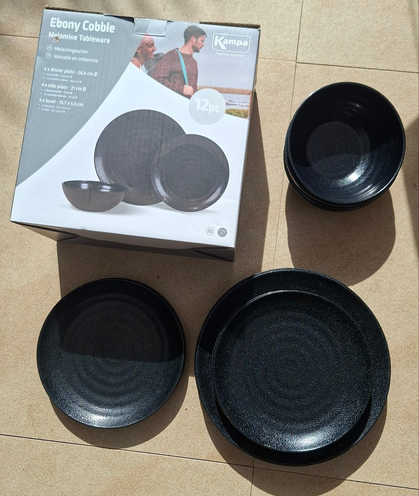 Kampa Ebony Cobble Melamine Servies 12-delig, Ophalen of Verzenden, Zo goed als nieuw