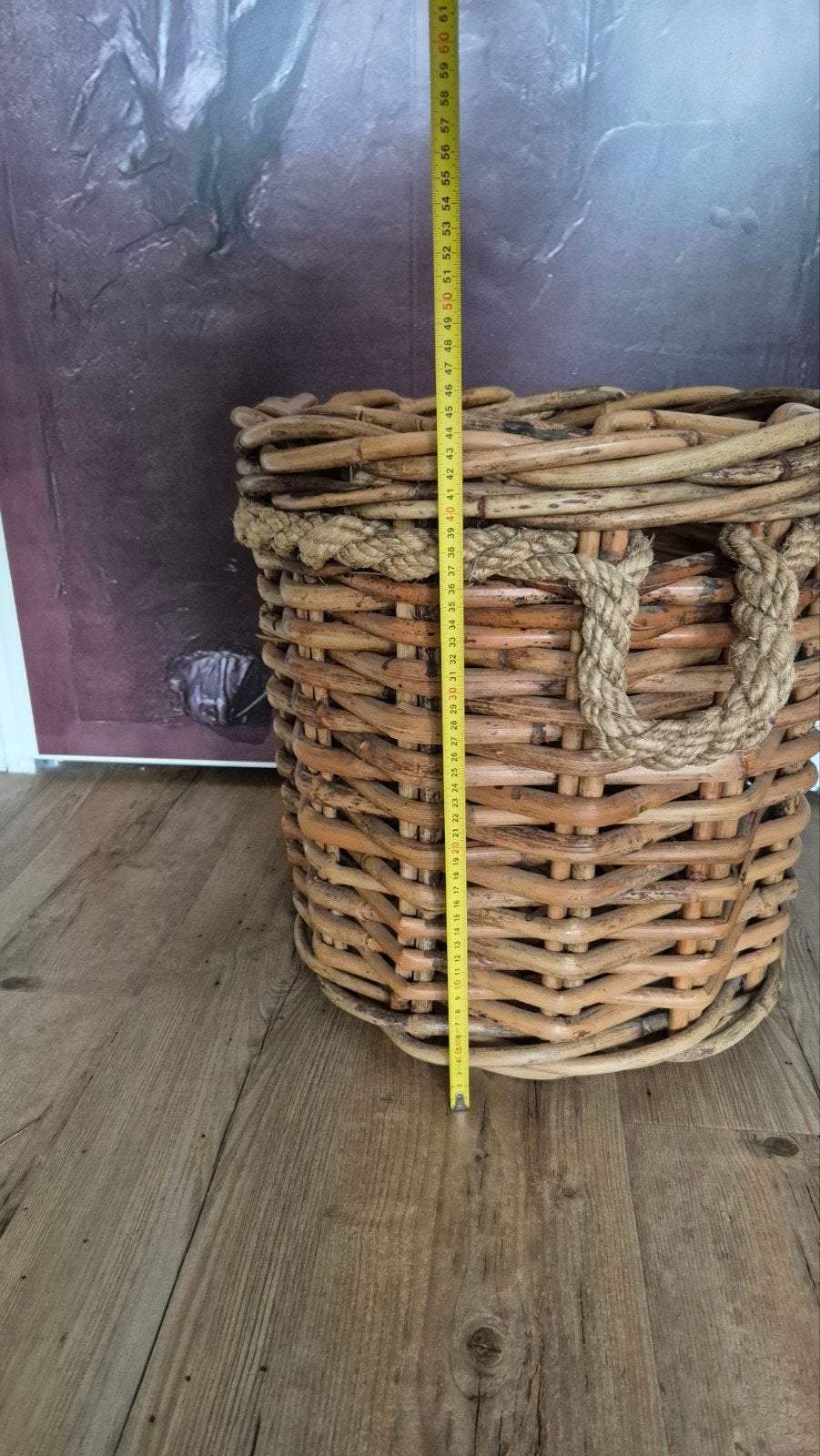 Mooie, stevige rieten mand met touw details, Huis en Inrichting, Ophalen, Gebruikt, Mand, Rond