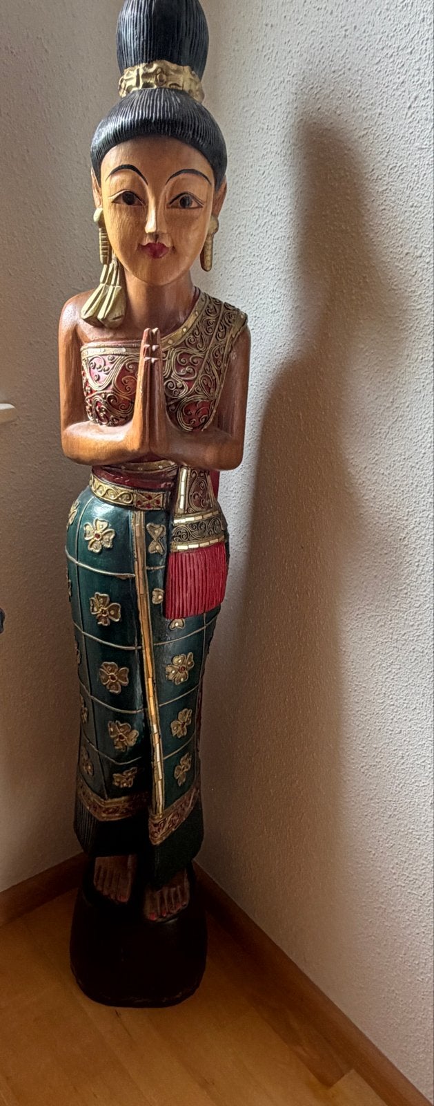 Houten Thais Beeld - Vrouw in Gebedshouding, Beeld, Hout, Meerkleurig, 50 - 100 cm