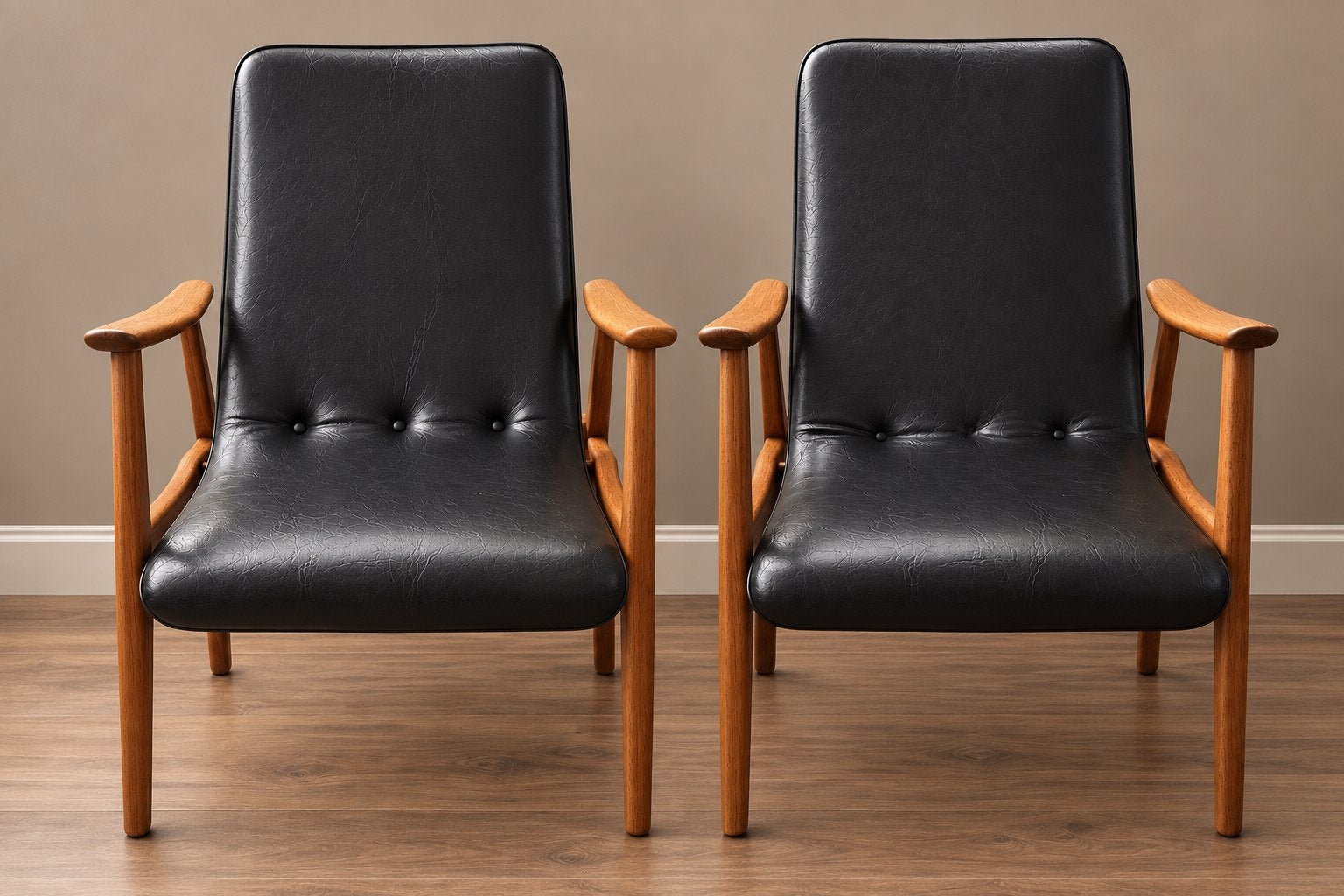Set van 2 Louis van Teeffelen WéBé fauteuils – teak & skai, Huis en Inrichting, Gebruikt, 75 tot 100 cm, Ophalen of Verzenden