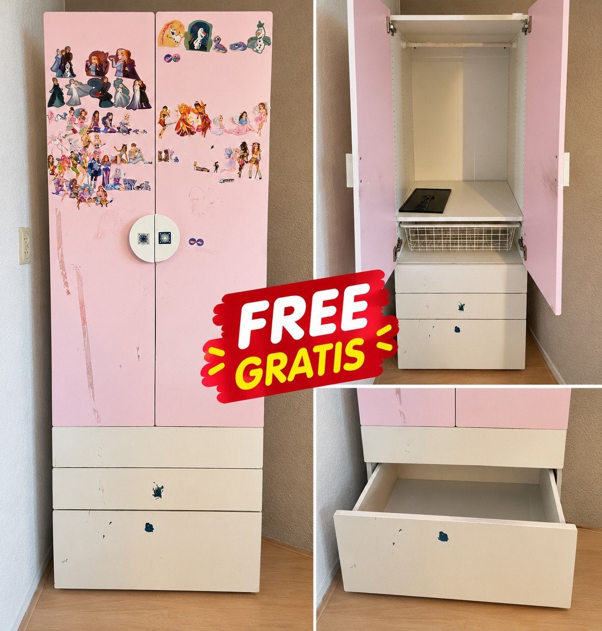 GRATIS – Roze Kinderkledingkast met Lades, Ophalen, Gebruikt, Minder dan 75 cm, 50 tot 70 cm