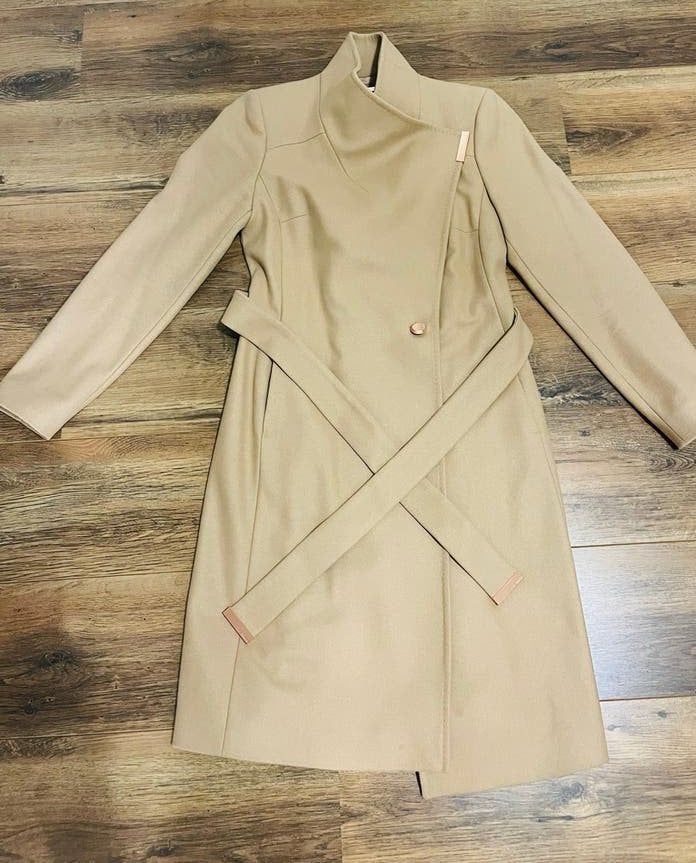 Ted Baker Camelkleurige Wollen Wikkeljas - Maat 36, Ophalen of Verzenden, Zo goed als nieuw, Maat 36 (S), Beige