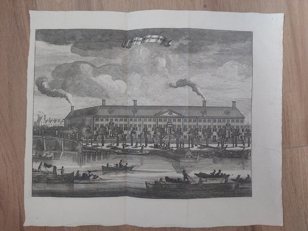 1 / Diakonie Oude Vrouwenhuis te Amsterdam gravure uit 1693, 28 cm, Stadsgezicht, 35 cm, Gravure