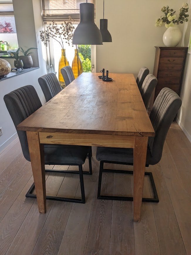 Eettafel teak 2.50 m lang, 0.90 m breed met 3 diepe laden, Huis en Inrichting, Tafels | Eettafels, Ophalen, Gebruikt, Teakhout