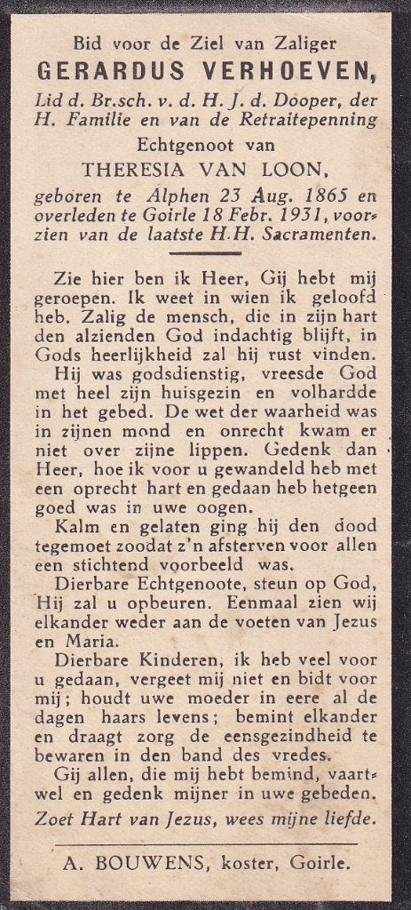 Verhoeven Gerardus 1865 Alphen 1931 Goirle, Verzamelen, Bidprentjes en Rouwkaarten, Ophalen of Verzenden, Bidprentje