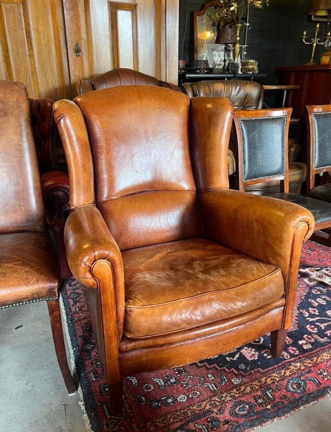 Schapenleren oorfauteuil, Huis en Inrichting, Fauteuils, Ophalen of Verzenden, Gebruikt, Leer, 75 tot 100 cm