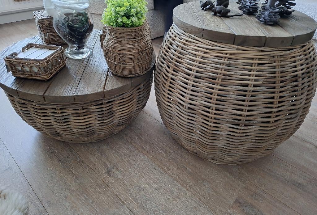 GEZOCHT 2 rattan salon tafeltjes, Huis en Inrichting, Tafels | Salontafels, Overige materialen, 50 tot 100 cm, Rond, Zo goed als nieuw