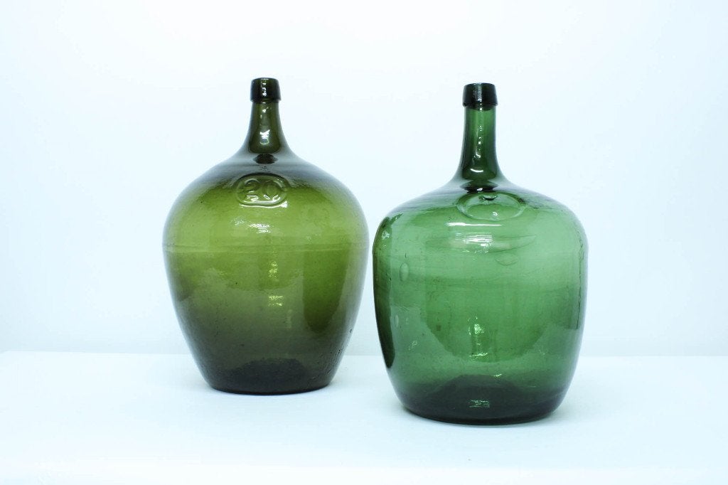Vintage Groene & Bruine Glazen Demijohn Flessen, Ophalen, Gebruikt, Glas, Geschikt voor droogbloemen