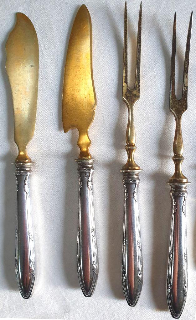 4 verguld zilveren vleesvorken + visfileermessen, Jugendstil, Verzenden