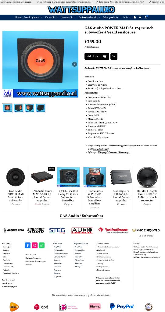 GAS Audio POWER MAD S1-124 12 inch subwoofer incl behuizing, Info@optimount.nl, Nieuw, Ophalen of Verzenden, Anholtseweg 48A 7091 HB DINXPERLO