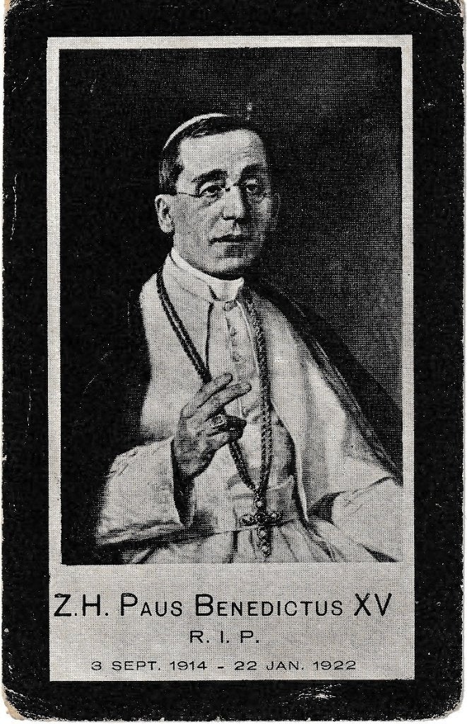Gedenk blaadje Paus Benedictus XV 1922, Verzamelen, Ophalen of Verzenden, Gebruikt, Overige typen, Christendom | Katholiek