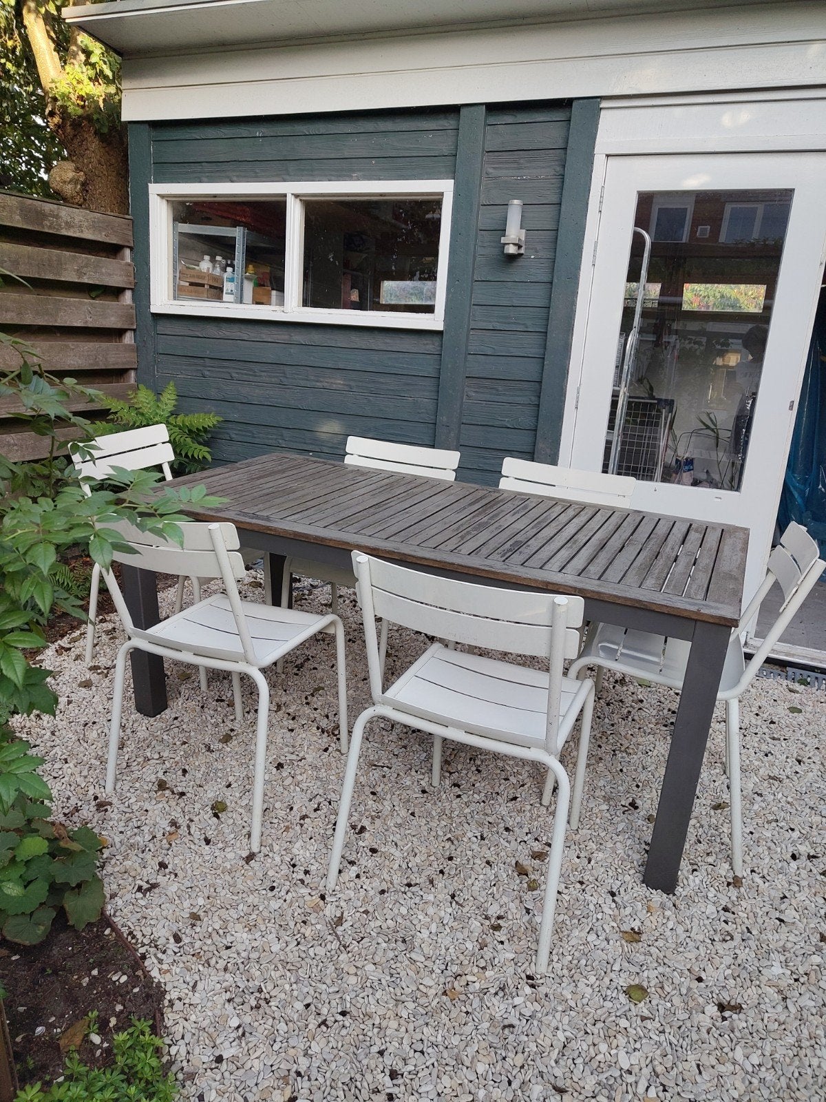 tuintafel 18090  aluminium/teak en zes stoelen met teak bla, Ophalen, Gebruikt, Aluminium, 6 zitplaatsen