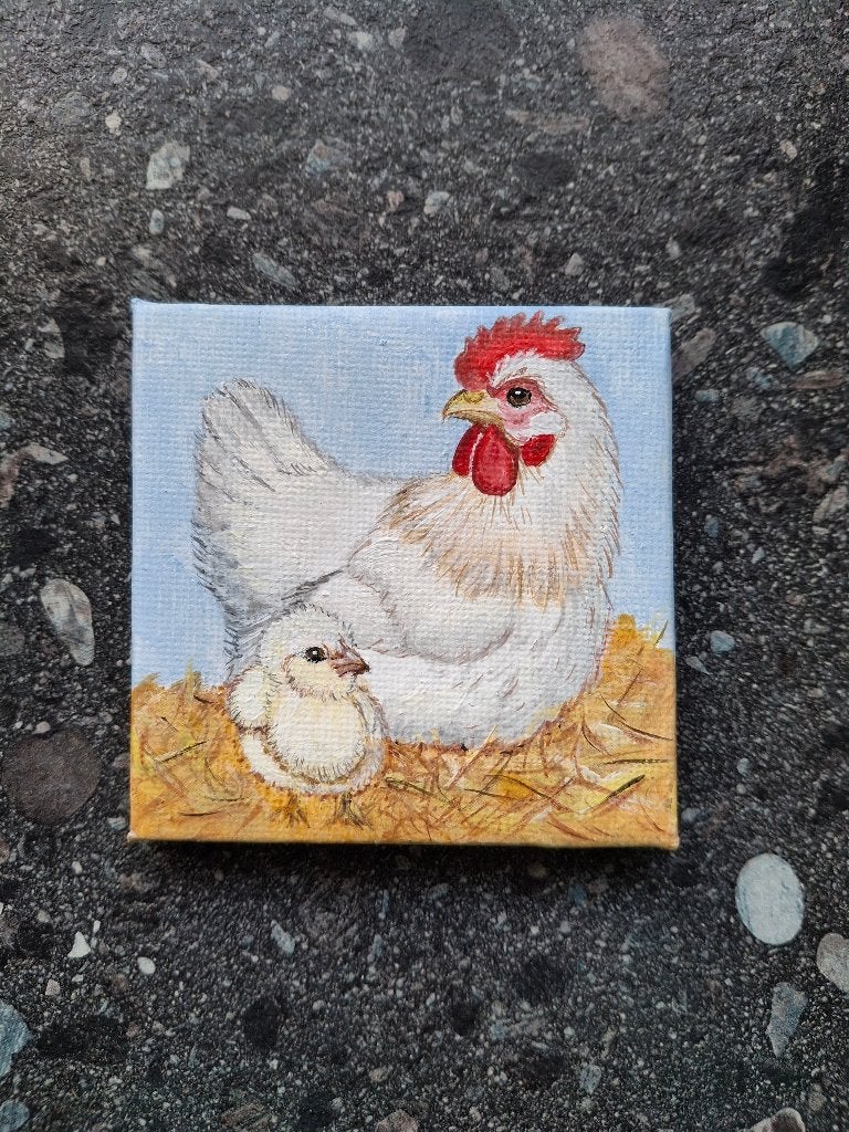 Kleine schilderijtj Kip met Kuiken, 7x7 cm, Huis en Inrichting, Woonaccessoires | Schilderijen, Tekeningen en Foto's, Ophalen