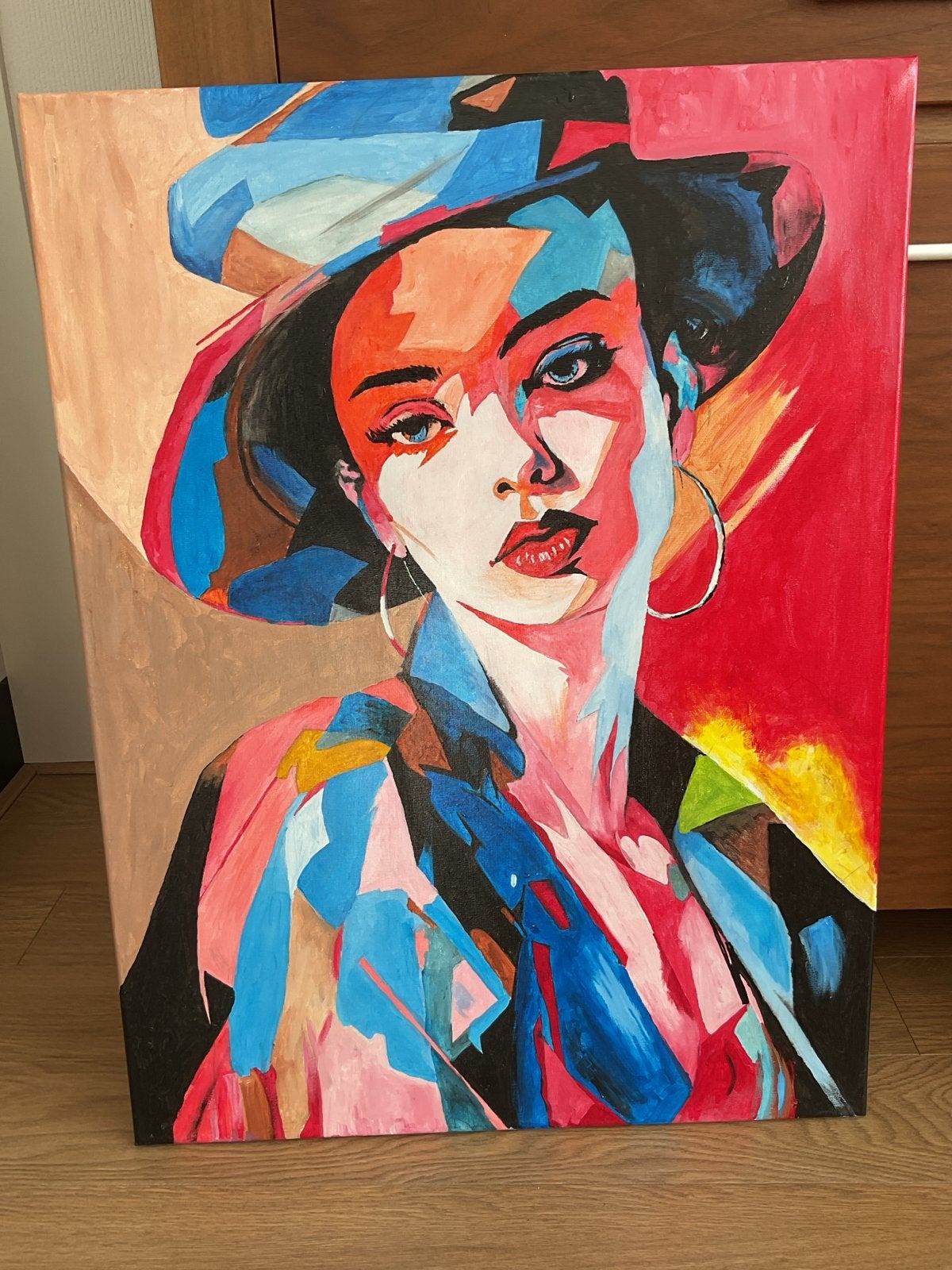 Modern portret van vrouw met hoed - levendige kleuren, Ophalen, Acrylverf, Handgeschilderd, Portret
