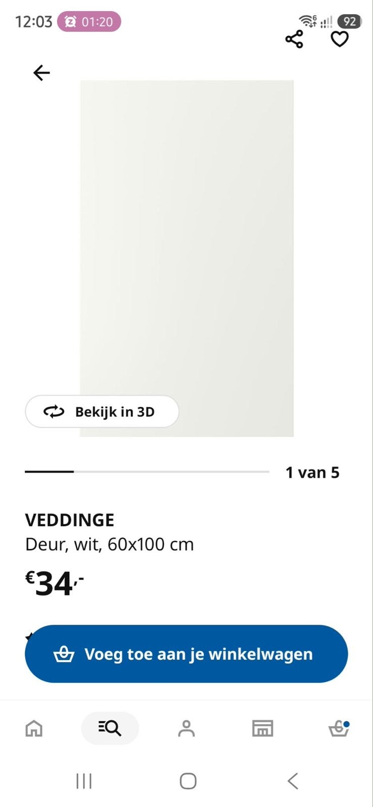 IKEA VEDDINGE Deur, wit, 60x100 cm, Ophalen, Zo goed als nieuw