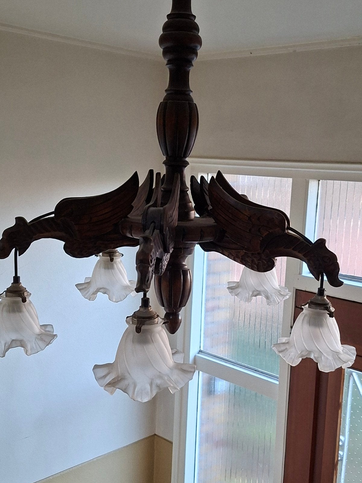 Antieke houten kroonluchter met 6 lampen, Ophalen of Verzenden