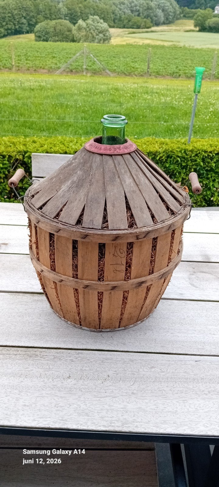Vintage Dame Jeanne met Houten Mand - Decoratief Item, Ophalen