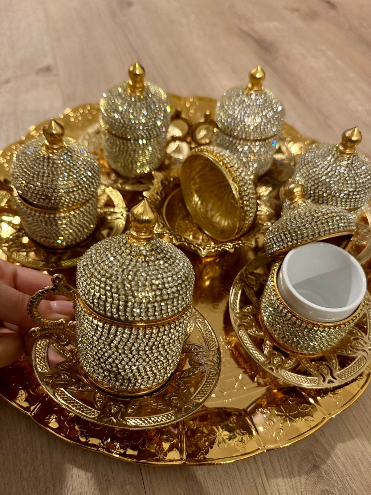 Luxe Koffieset Goud met Strass 6 Kopjes, Schotels & Dienblad, Ophalen of Verzenden