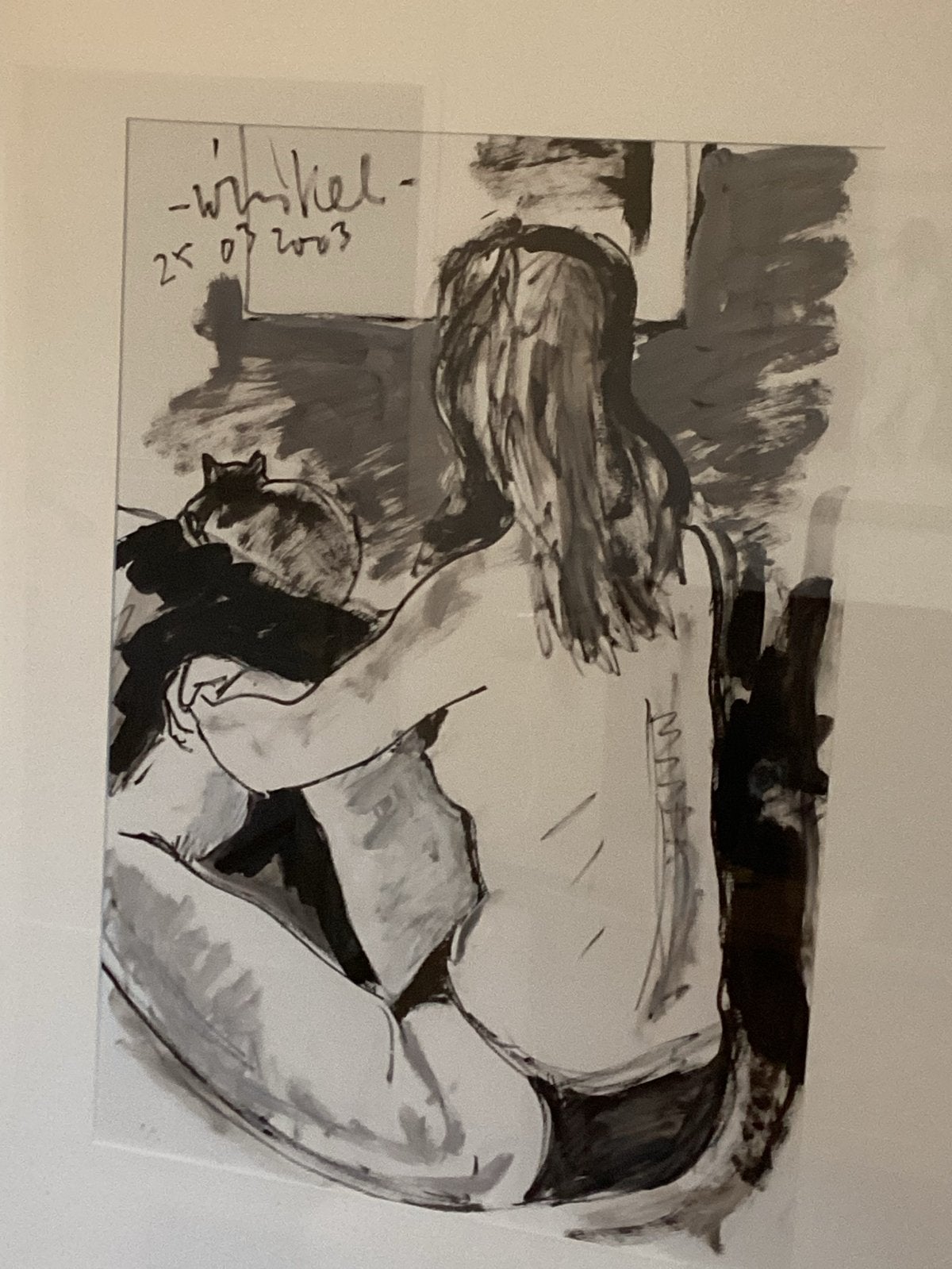 Gesigneerde gouache van Arien Winkel van vrouw met kat, Antiek en Kunst, Ophalen, Tekening, Pentekening, Achter glas