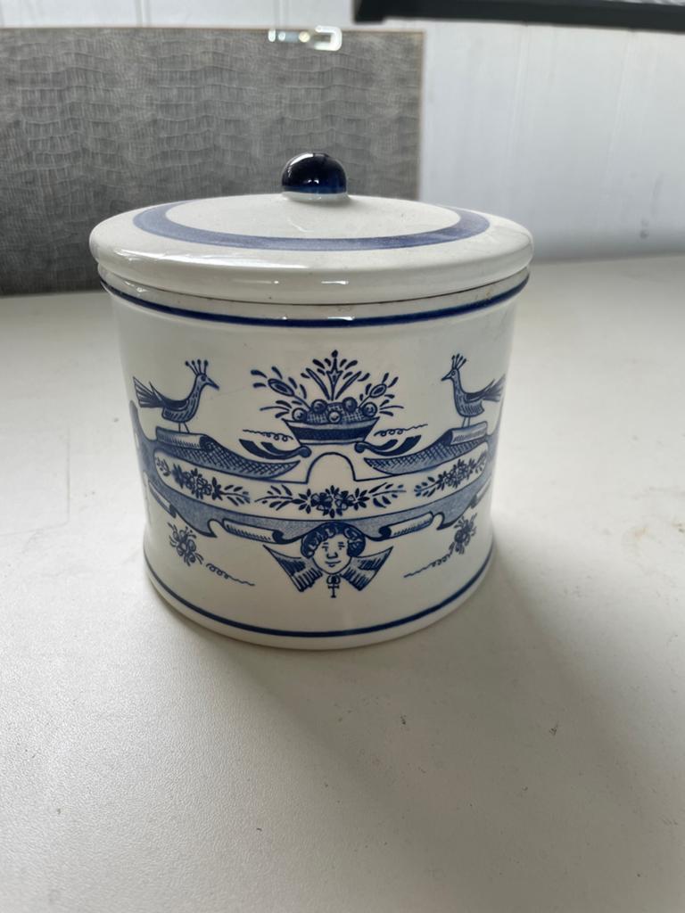 Vintage Delfts Blauw voorraadpot "De Delftsche Huys", Ophalen of Verzenden