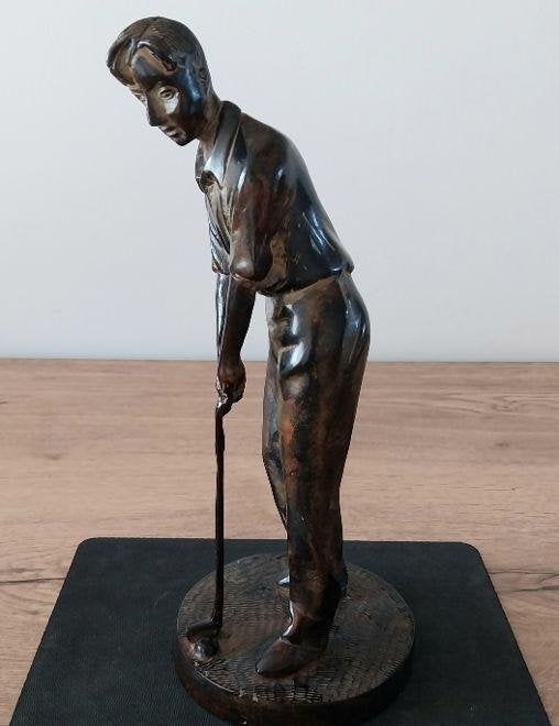 Prachtig groot metalen beeld golfer 31 cm brons-look patina, Art deco, Gepatineerd, Ophalen of Verzenden, 20 - 50 cm