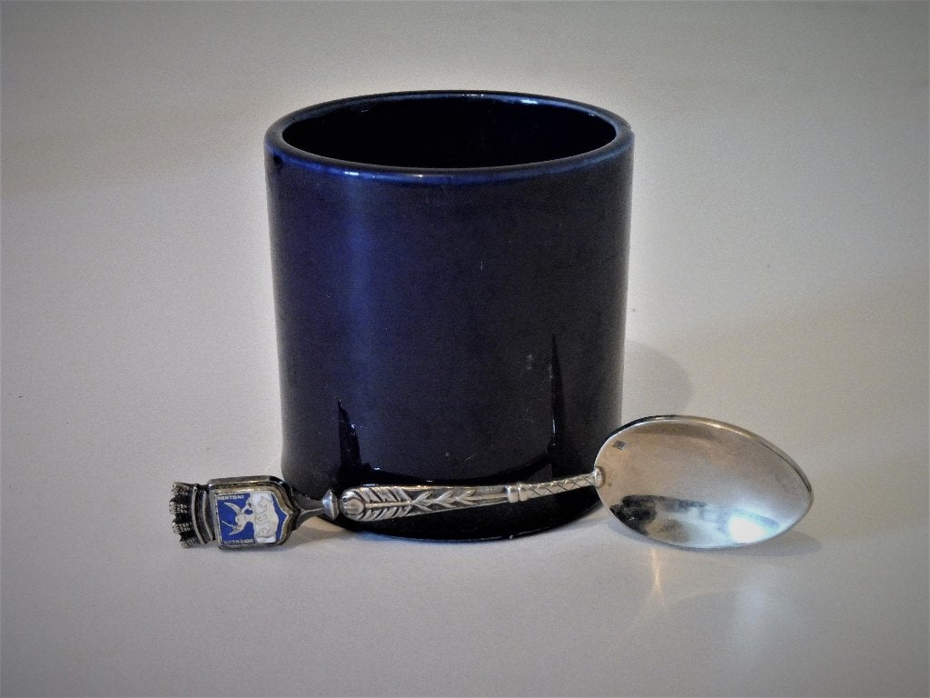 Antiek tinnen mosterdpot deksel pot duimrust blauw glas, Ophalen of Verzenden