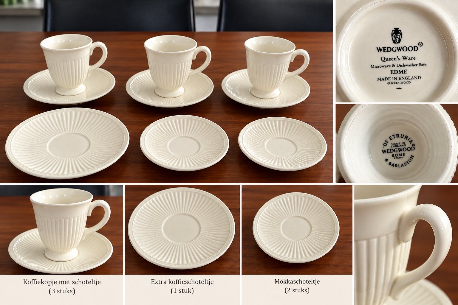 Wedgwood Edme – 3 koffiekopjes, schotels, extra schoteltjes, Ophalen