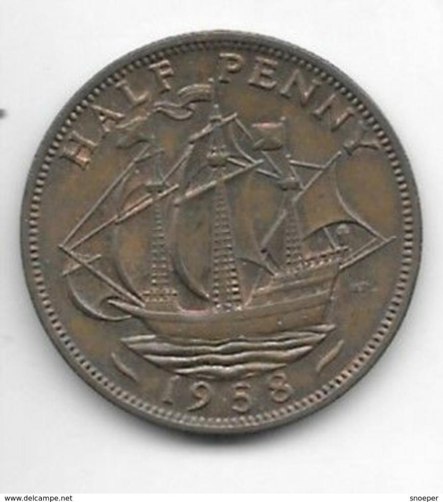 great britain 1/2 penny 1958 km 896 xf+/ms60, Postzegels en Munten, Munten | Europa | Niet-Euromunten, Verzenden, Overige landen