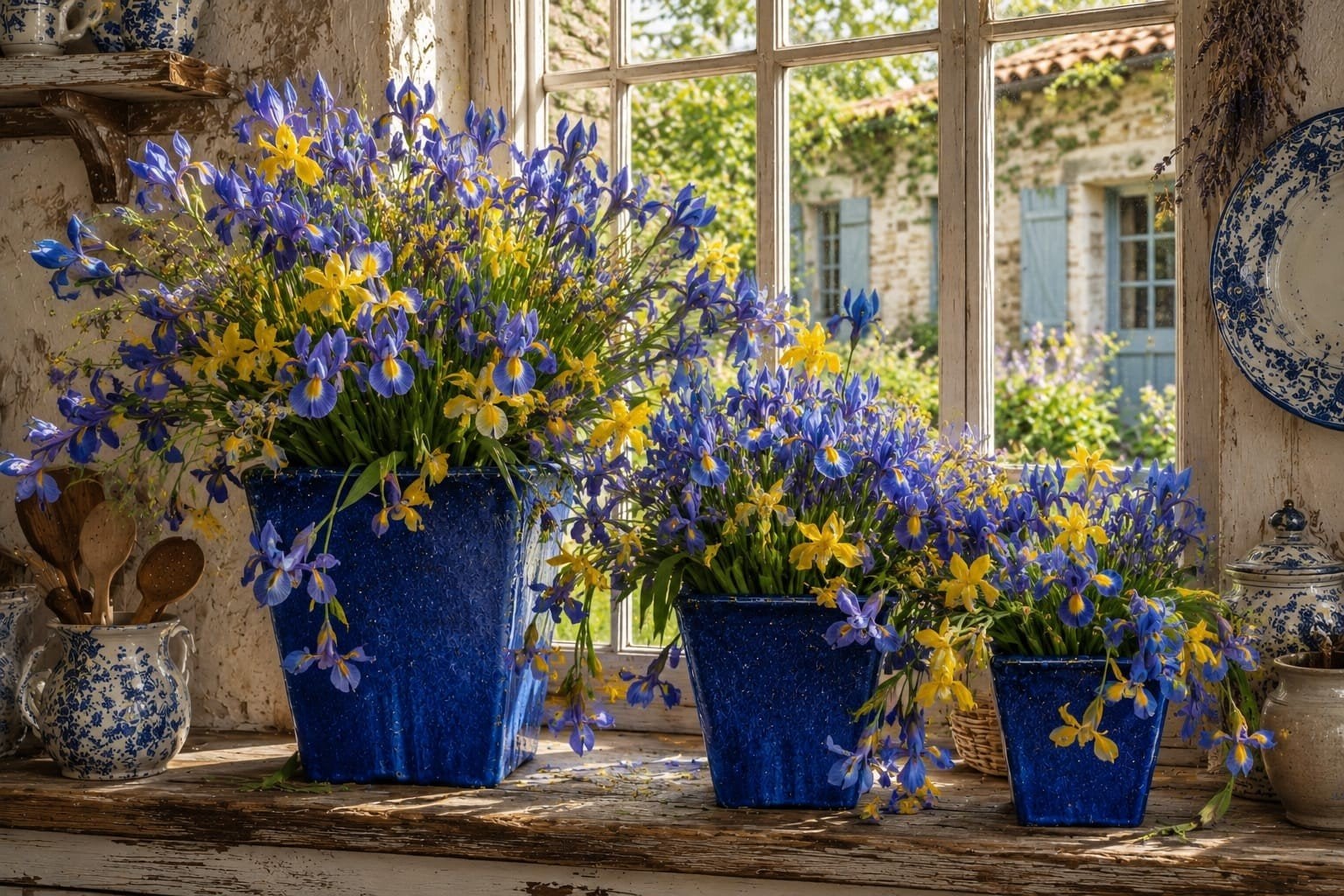 Set van 3 antieke blauw geglazuurde plantenpotten, Tuin en Terras, Bloempotten, Ophalen, Vierkant, Zo goed als nieuw, Minder dan 40 cm
