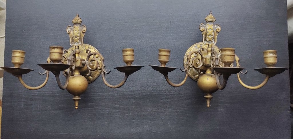Antieke set Koperen wandkandelaars met Wapen van Amsterdam, Ophalen of Verzenden, Koper of Brons