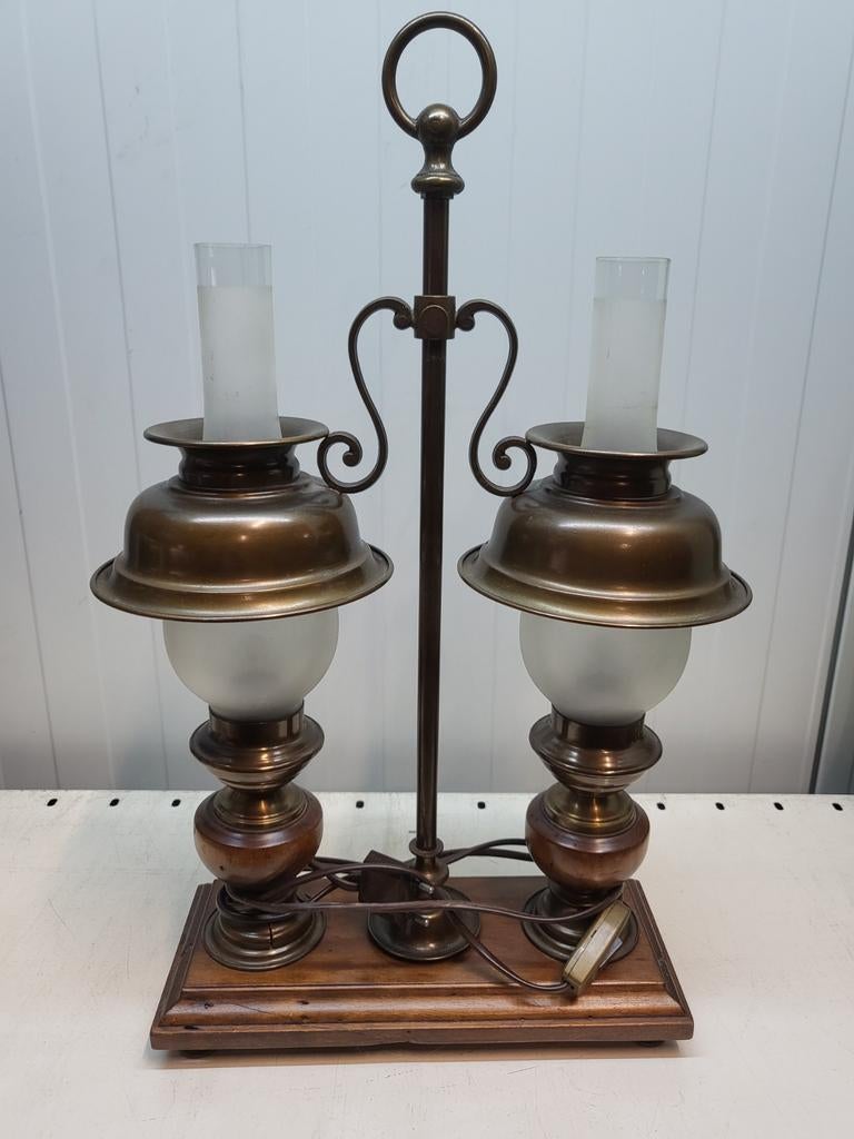 Vintage Dubbele Tafellamp - Messing & Hout, Ophalen of Verzenden