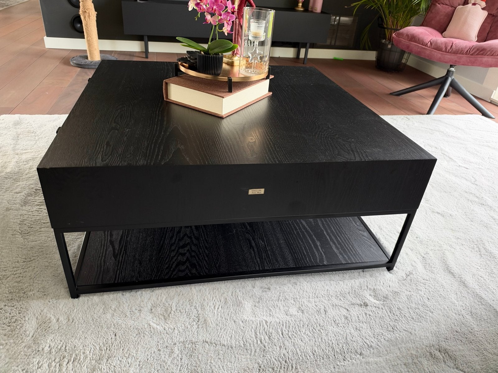 Riviera Maison Salontafel Zwart 90x90x40 met 4 Lades, Ophalen, Vierkant, 50 tot 100 cm, Zo goed als nieuw