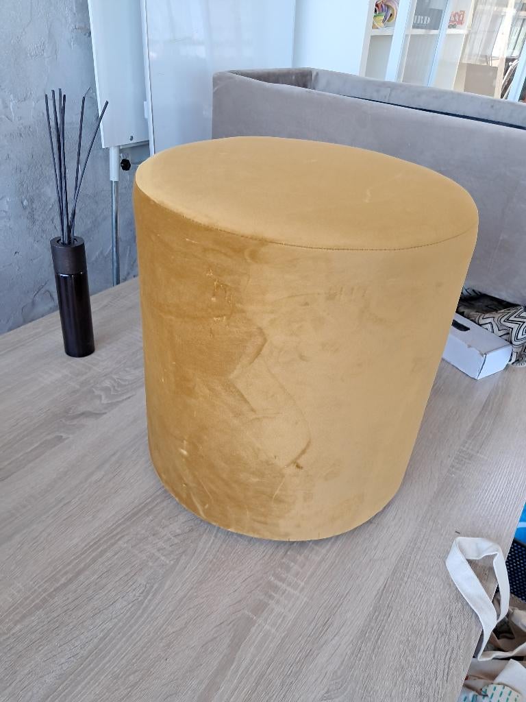 Hocker Okergeel Velours Poef Voetenbank Fluweel, Ophalen, Minder dan 50 cm, Gebruikt, Rond