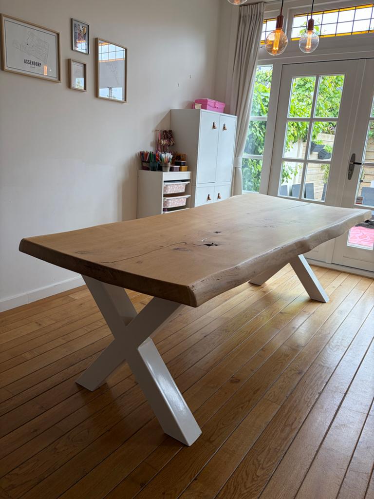 Unieke massief eiken eettafel, 240x103/93cm, X-poten, Ophalen, Gebruikt, Eikenhout, 200 cm of meer