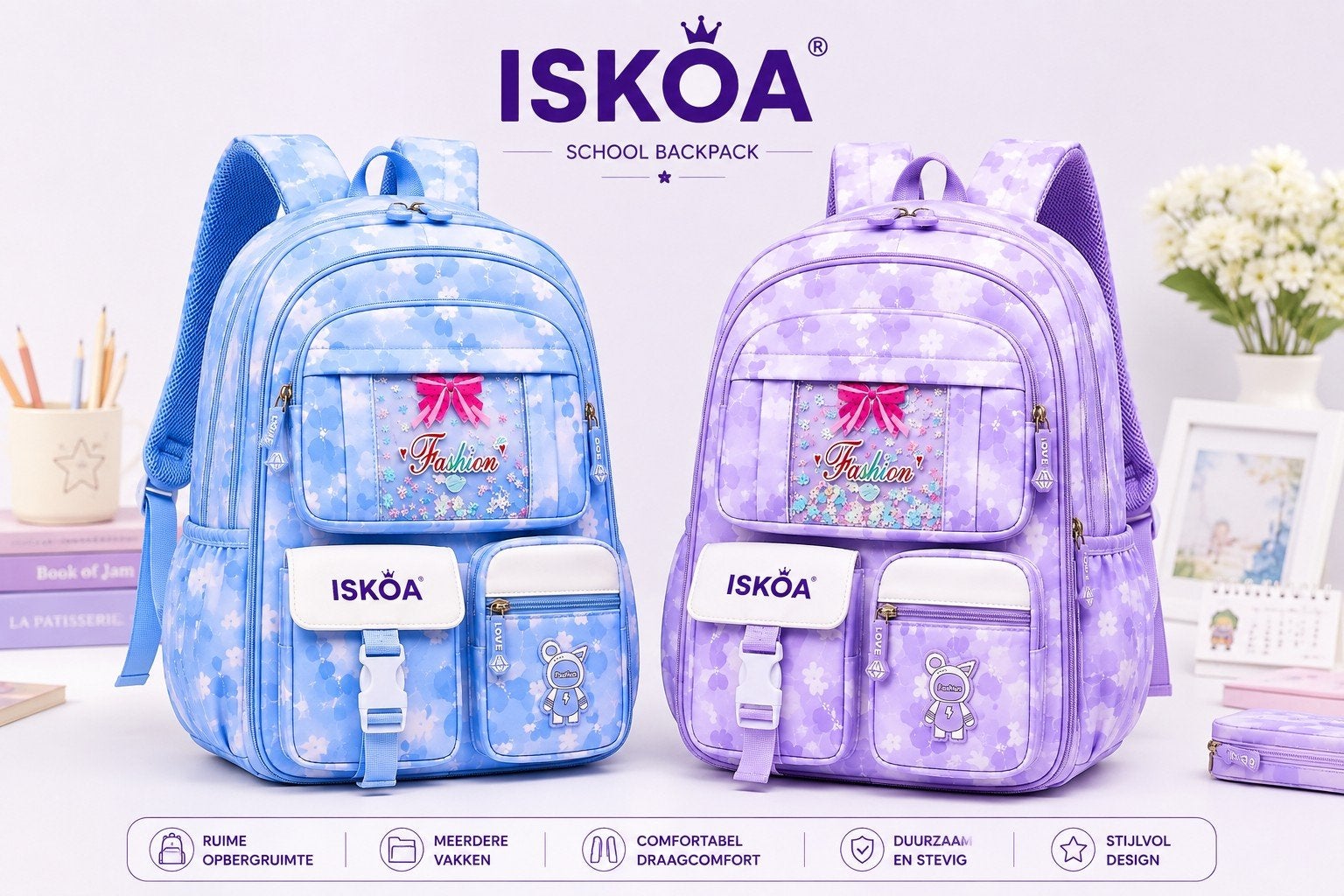 ISKOA School Rugzak - paars en light blouw , new brand, Overige merken, 25 tot 40 cm, Nieuw, Ophalen of Verzenden
