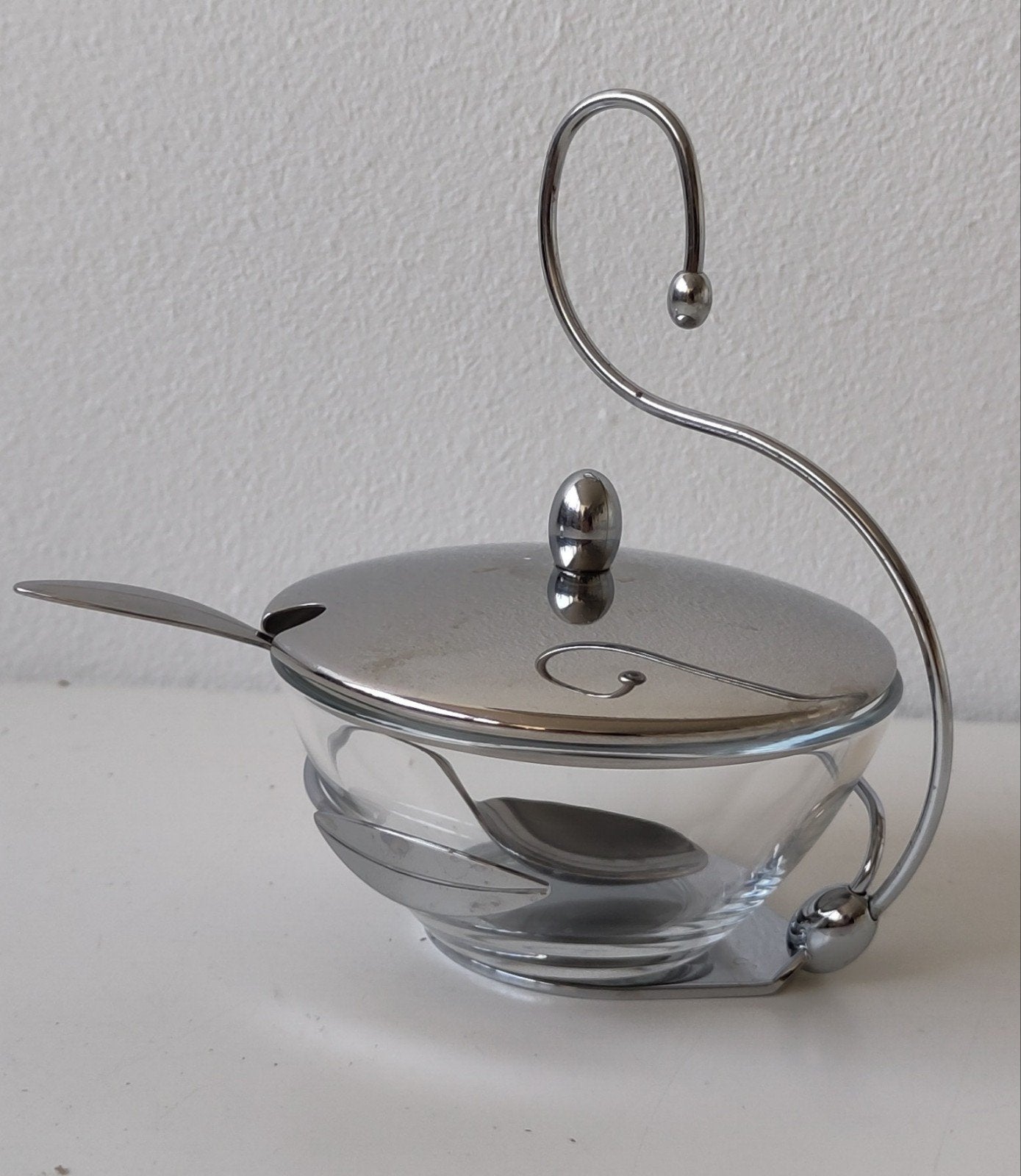 Giannini Italiaanse kaaspotje met lepel en deksel, Zilver, Ophalen of Verzenden, Overige merken, Glas