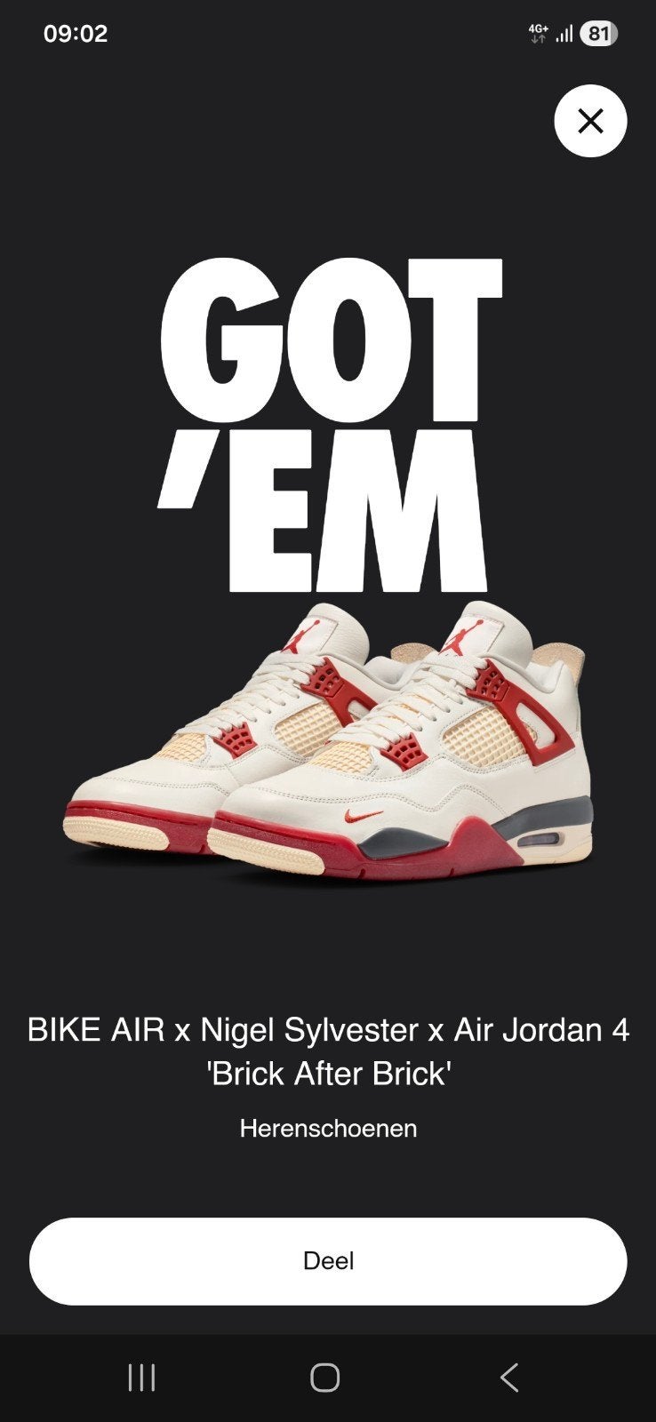 Nigel Sylvester x Air Jordan 4 "Brick after  Brick" maat 43, Overige kleuren, Nieuw, Ophalen of Verzenden, Sneakers of Gympen