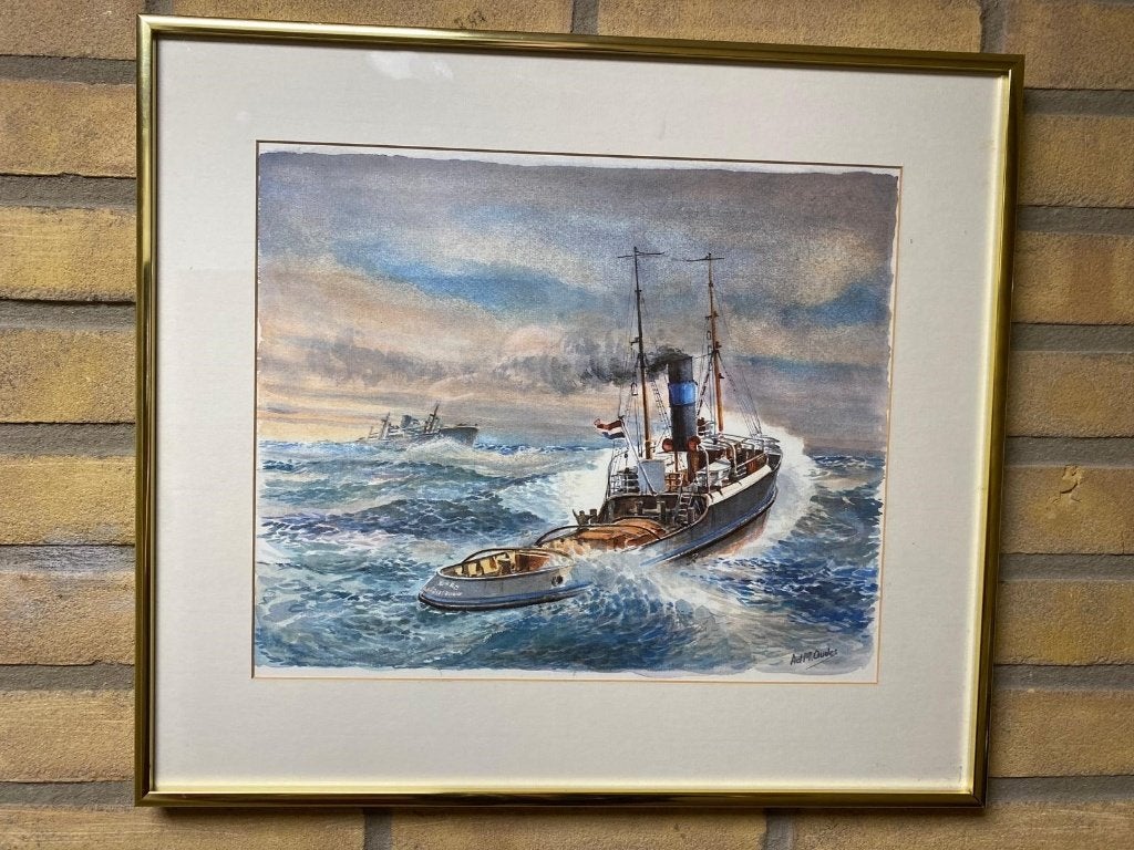Aquarel,  Admiral M. Oudes (1927), Ophalen, Maritiem / water, Gesigneerd, Klassiek
