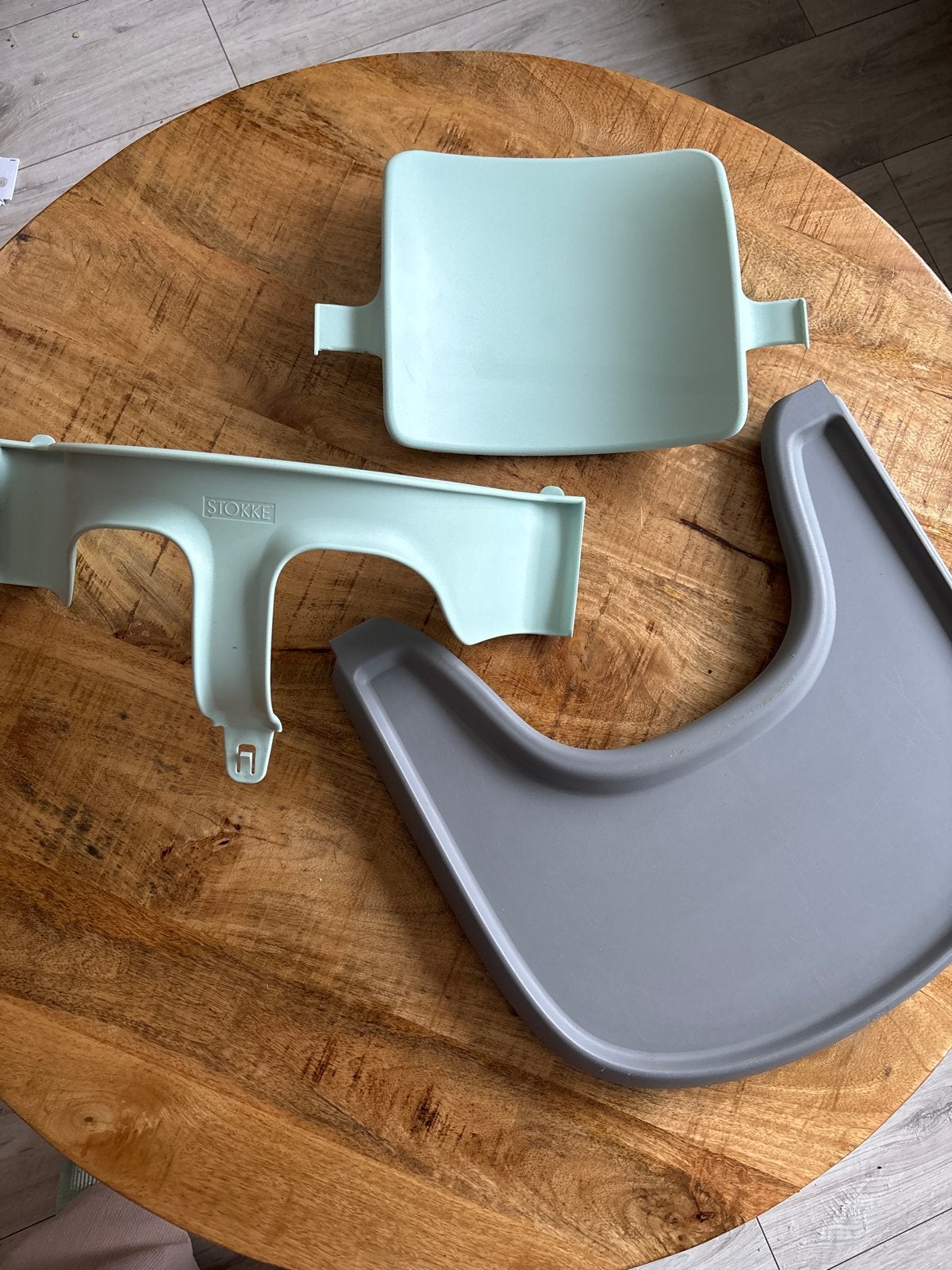 Stokke Tripp Trapp Baby Set en Eetblad - Mintgroen/Grijs, Ophalen, Gebruikt, Meegroeistoel, Afneembaar eetblad