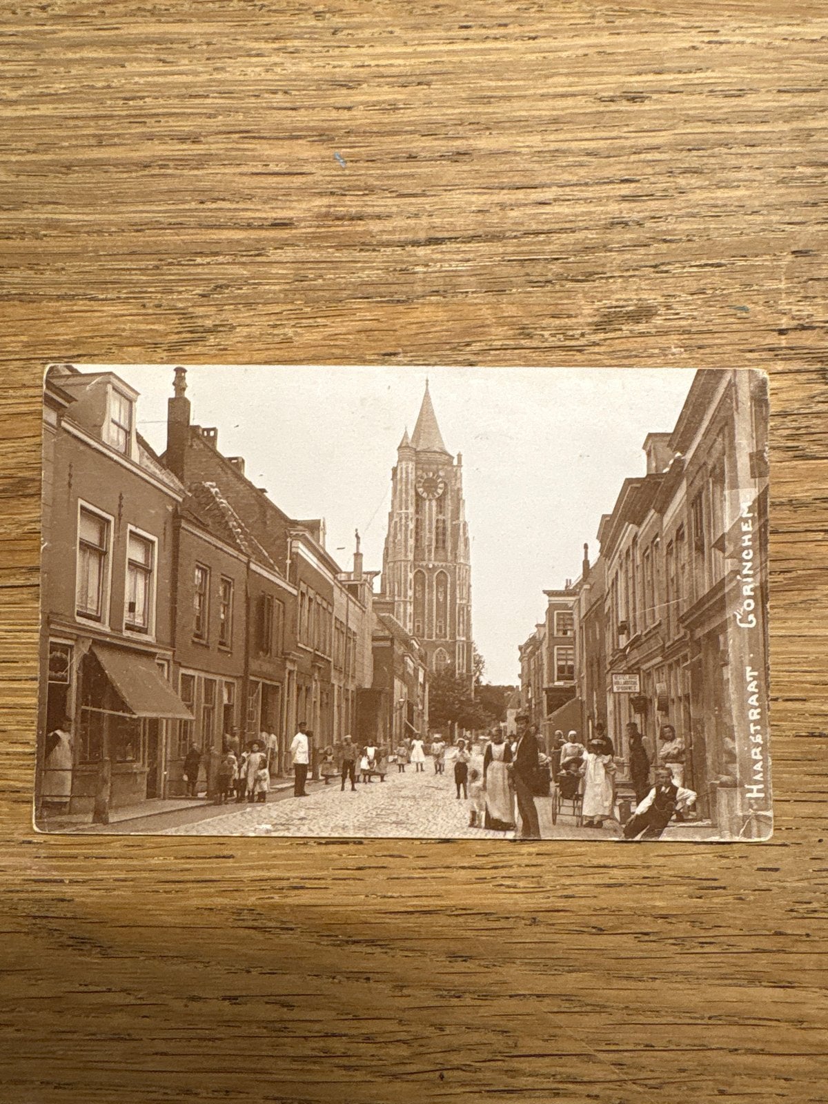 Oude fotokaart Gorinchem Haarstraat met Grote Kerk, Ophalen of Verzenden, Voor 1920, Gelopen, Zuid-Holland