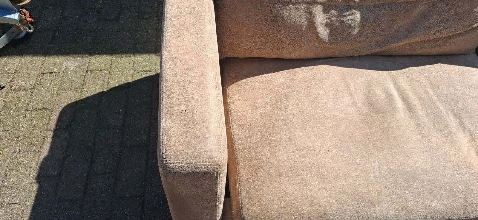 3-zits bank van leder/suede look - Beige/Bruin, Gebruikt, Driepersoons, 75 tot 100 cm, Ophalen of Verzenden