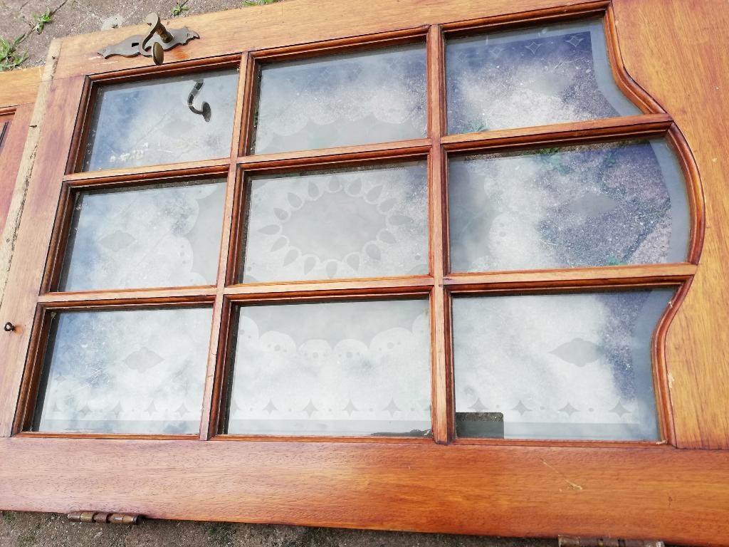 221hx88br Deur in 2 delen, bijzonder ge-etst glas incl klink, Ophalen, Gebruikt