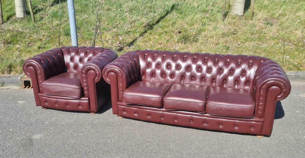 Chesterfield bank + fauteuil + GRATIS BEZORGING, Huis en Inrichting, Gebruikt, Chesterfield, Leer, Ophalen of Verzenden